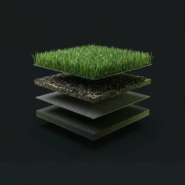 Vista despiezada de las capas del sistema de pasto Champion Sport: fibras de campo, relleno, respaldo y base