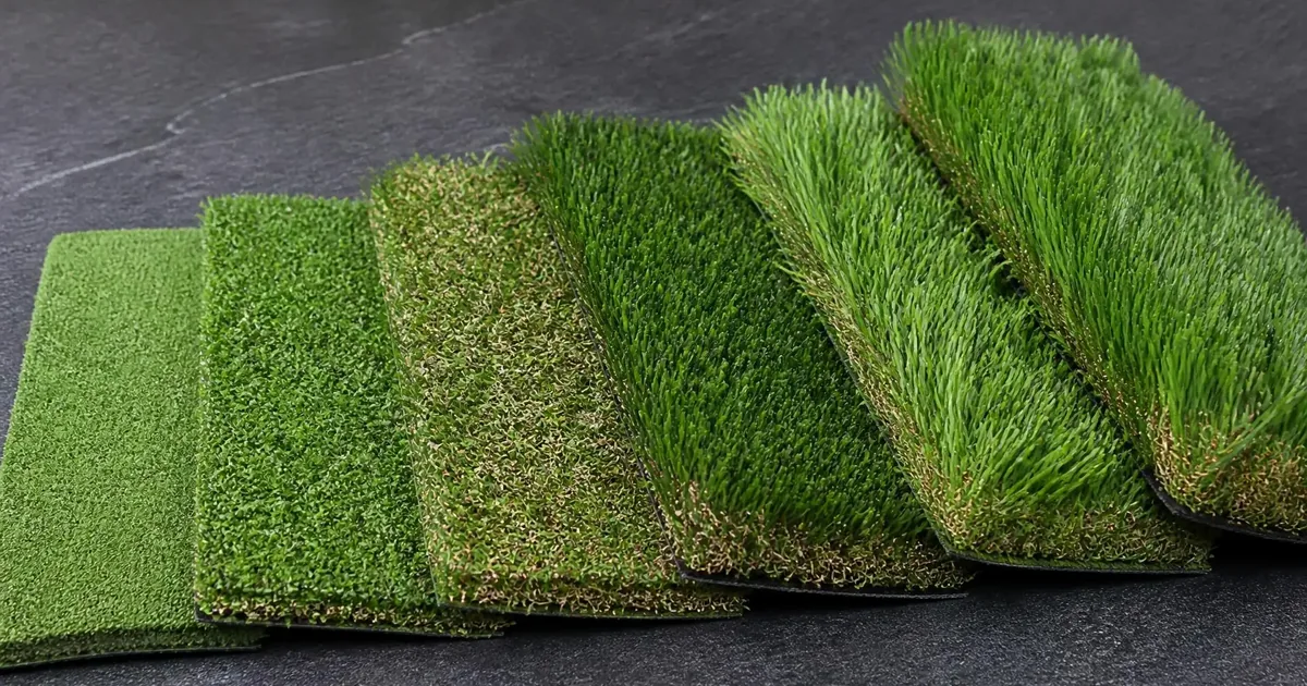 Artificial turf sample swatches angled side by side showing different pile heights and textures.