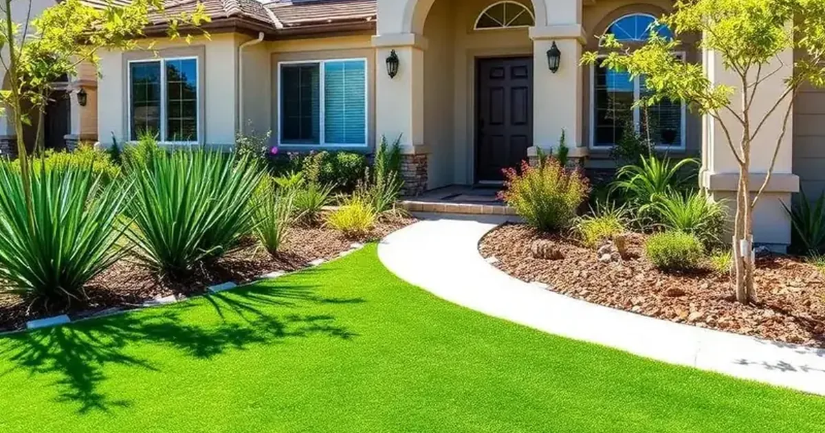 Paisaje residencial terminado profesionalmente con pasto sintético: el resultado final que sus clientes buscan.