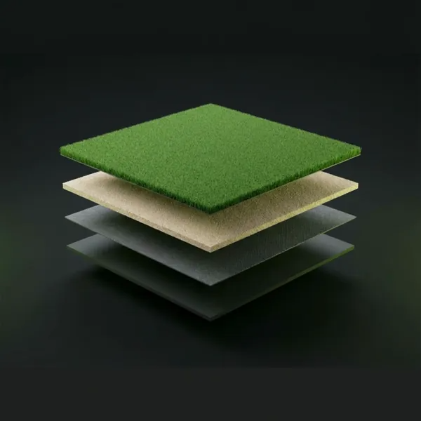 Exploded view of the Crown Putt system: putting surface, primary backing and polyurethane finish coat