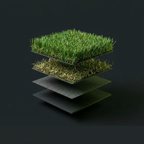Exploded view of the Regent 100 turf system layers: face yarn, curled thatch, primary backing, and finish coat