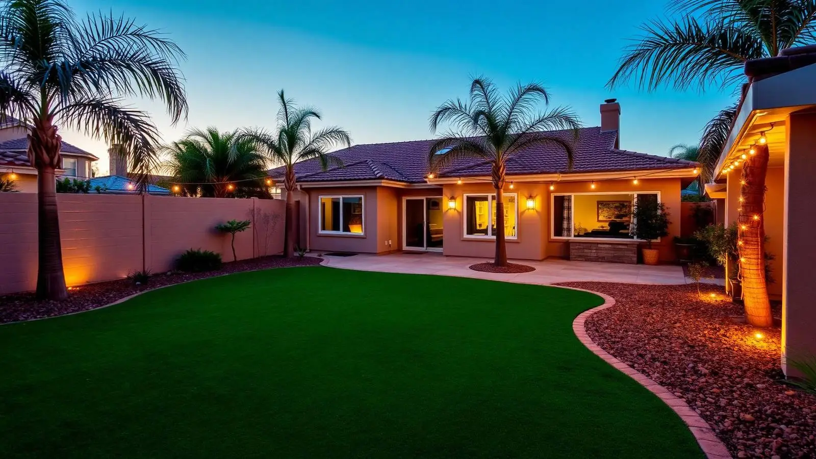 San Diego backyard at dusk with an artificial turf lawn, palm trees, and a tile-roof home