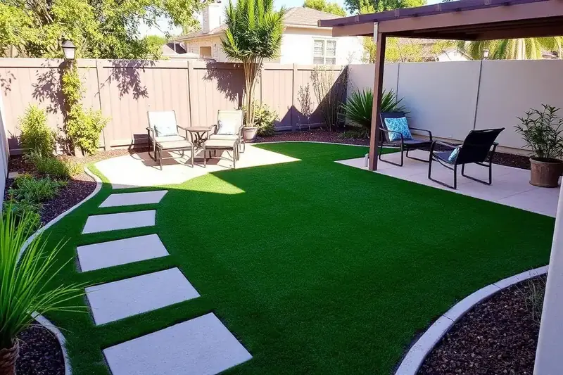 Finished backyard artificial turf lawn with stepping stones and patio furniture