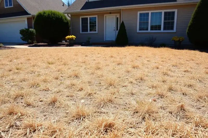 Dry, patchy brown natural lawn in front of a home before a turf replacement