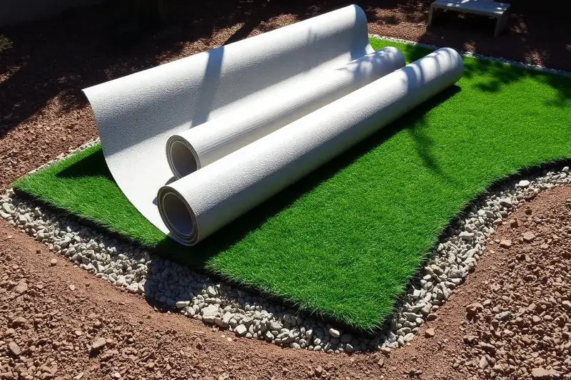 Rolls of artificial turf being unrolled over a prepared base in a backyard