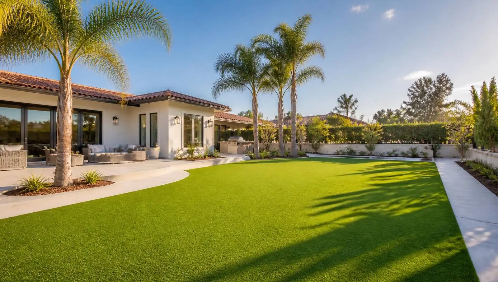 Pristine bright green artificial turf lawn installed in a sunny San Diego backyard with palm trees