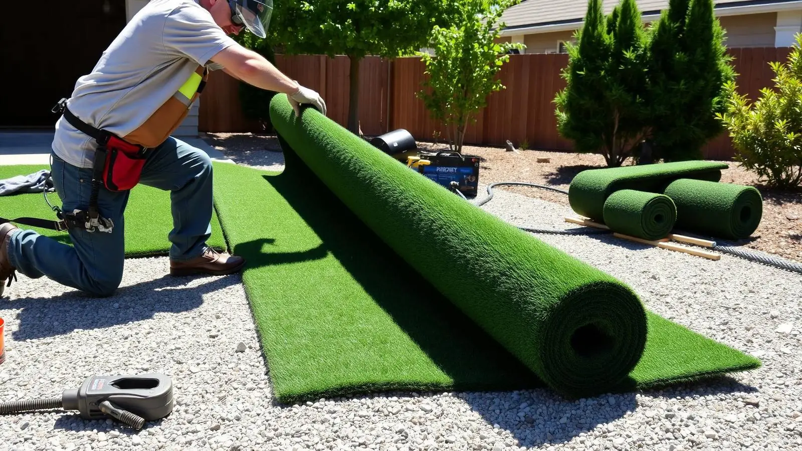 Installer unrolling a roll of artificial turf over a prepared base at a residential job site