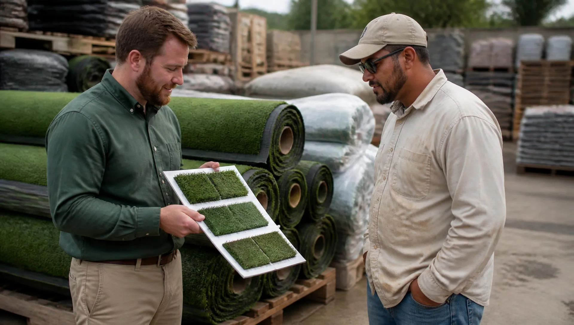 Superior sales rep showing a turf swatch book to a contractor at a supply yard.
