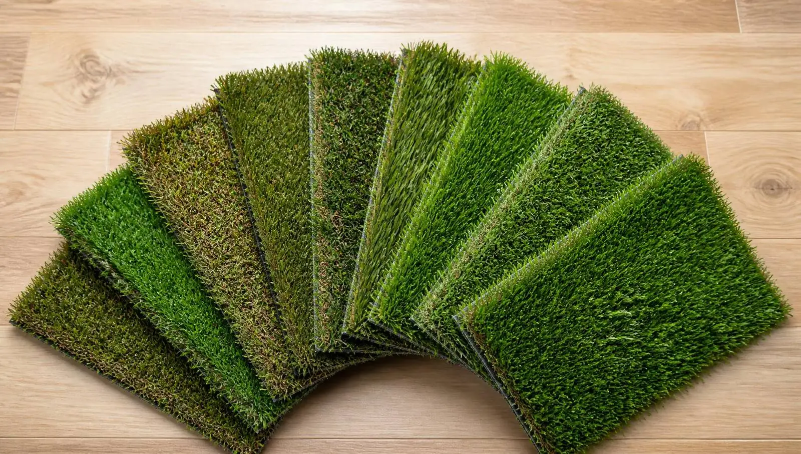 Artificial grass sample swatches fanned out on a light wood table showing different blade colors and pile heights