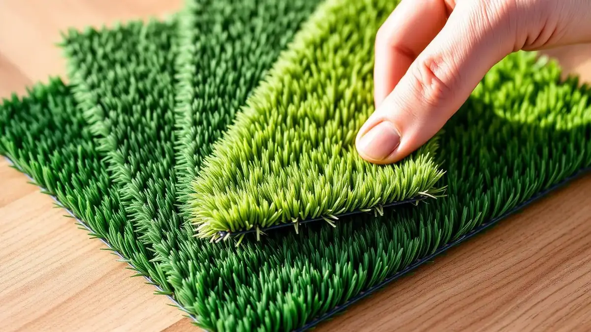 Artificial turf sample swatches in different blade colors and pile heights on a table