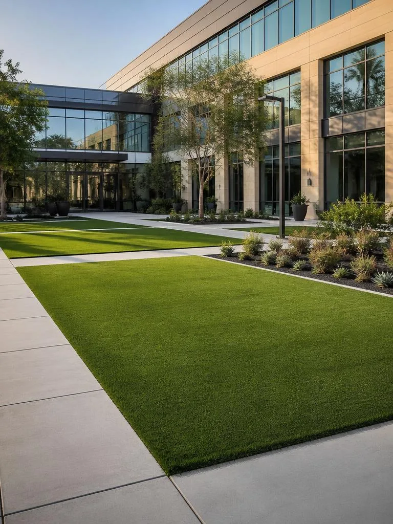 Commercial artificial turf application on a landscaped property common area