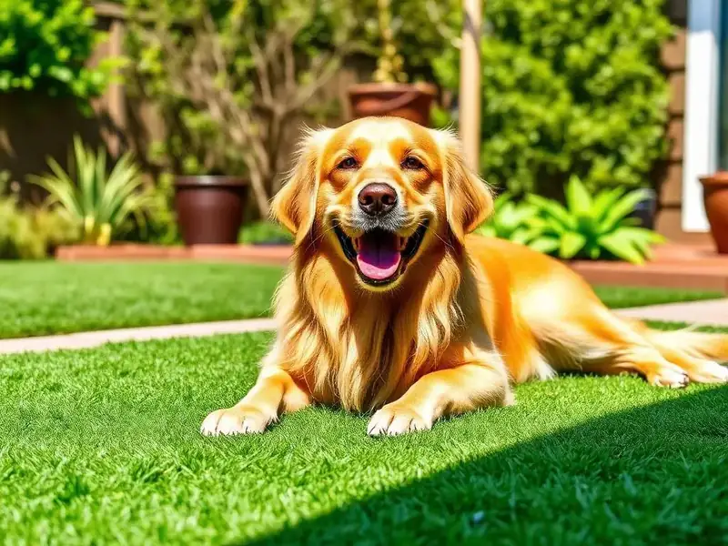 Golden retriever resting on bright green pet-friendly artificial turf