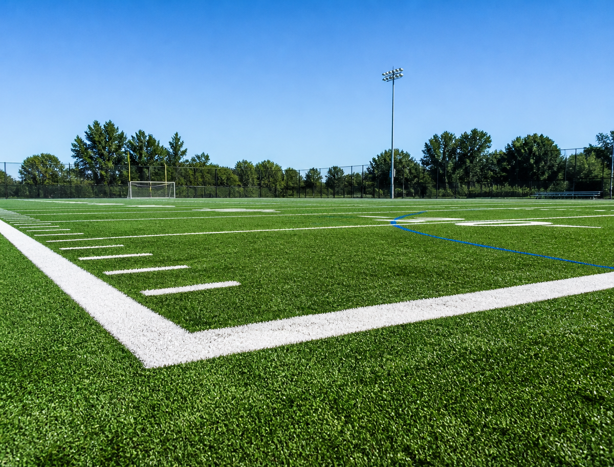 Completed synthetic turf sports and agility surface with painted lines and training cones