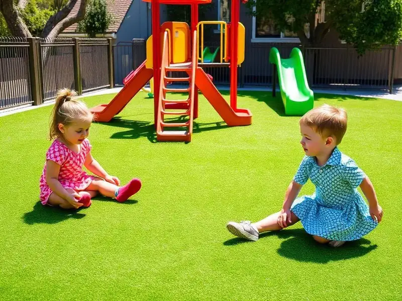 Children playing on a soft artificial turf play area beside playground equipment