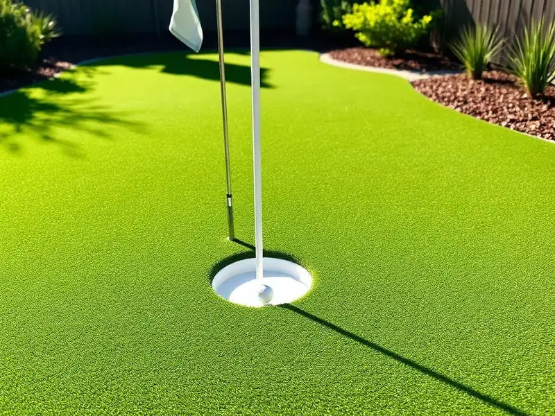 Backyard synthetic putting green with a cup, flag, and golf ball