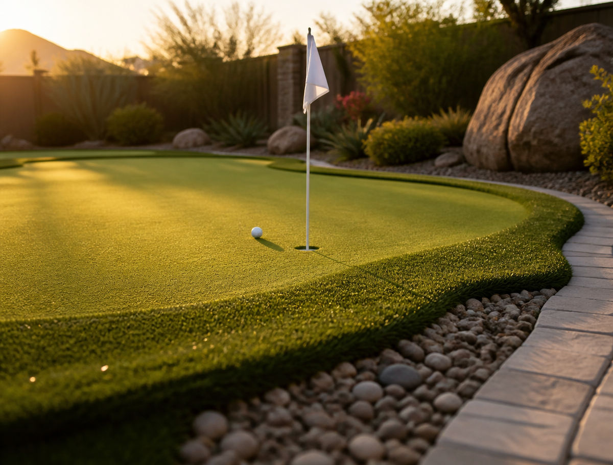 Backyard synthetic putting green with a cup, flag, and golf ball