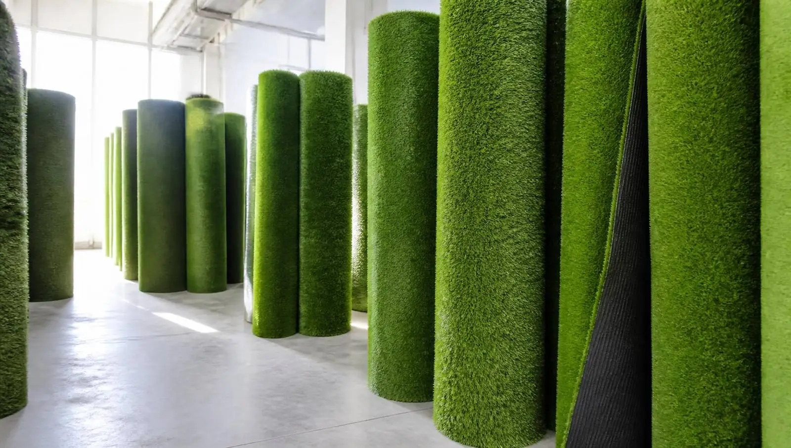 Rolls of premium artificial turf standing in a bright wholesale warehouse aisle